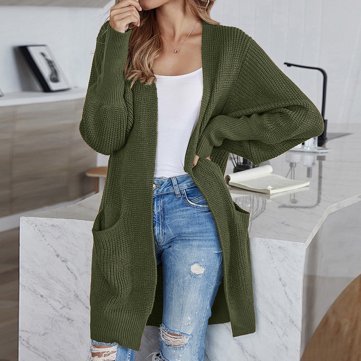 Women's Knitted Sweater Solid Color Pocket Cardigan Coat