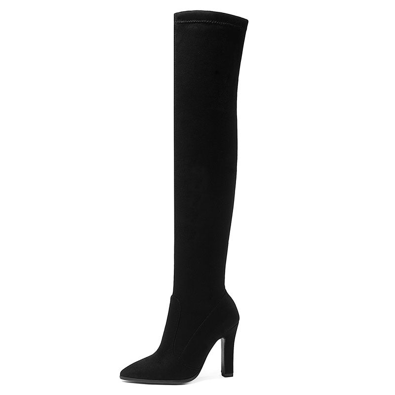 Women's Boots Suede Pointed Toe Chunky Heel Shoes High-heeled High Top Leg Repair Stretch Boots Boots