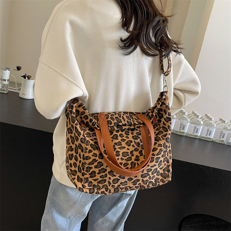 Retro Large-capacity Leopard-print Canvas Tote Bag