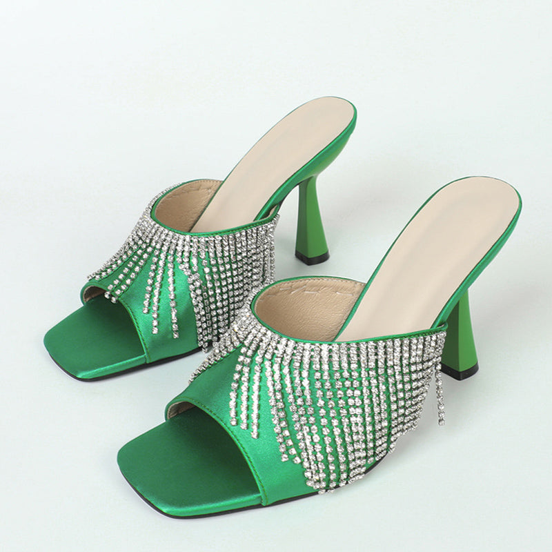 Rhinestone Square Head Satin High Heel Sandals