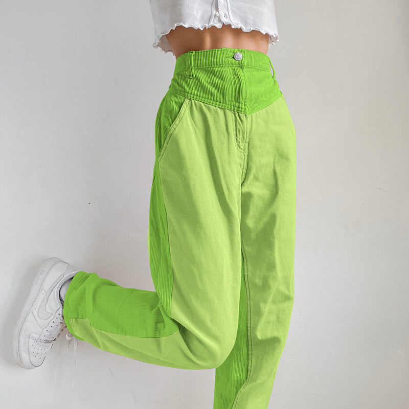 Corduroy Stitching Contrast Waist Straight-leg Pants