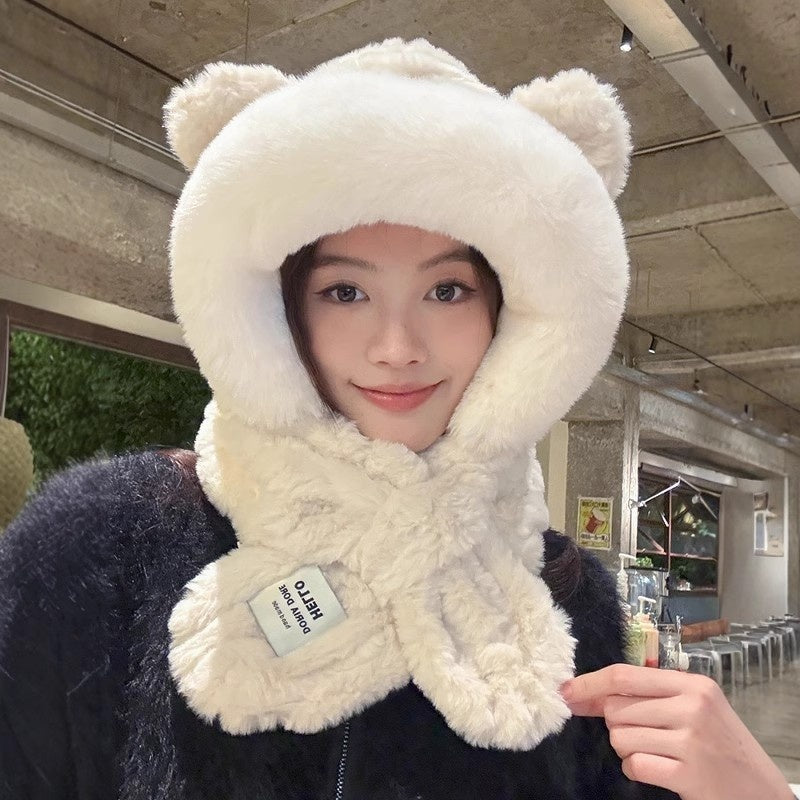 Hat Scarf One Female Student Cute Warm Winter Plush Pullover Ear Protection