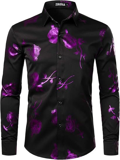 Golden Rose Print Slim Fit Long Sleeve Formal Wear Shirt