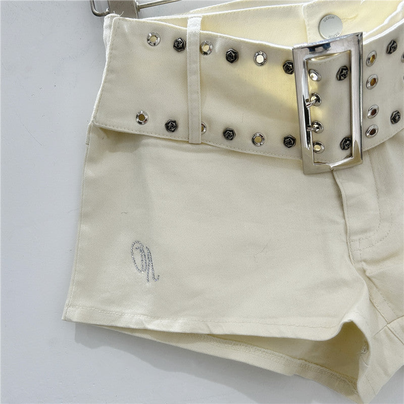 Women's Rose Embellished Rivet Belt Hot Pants