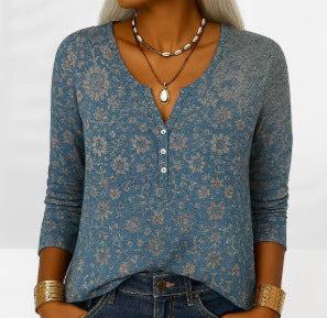 Women's Long-Sleeve Printed V-Neck Loose T-Shirt