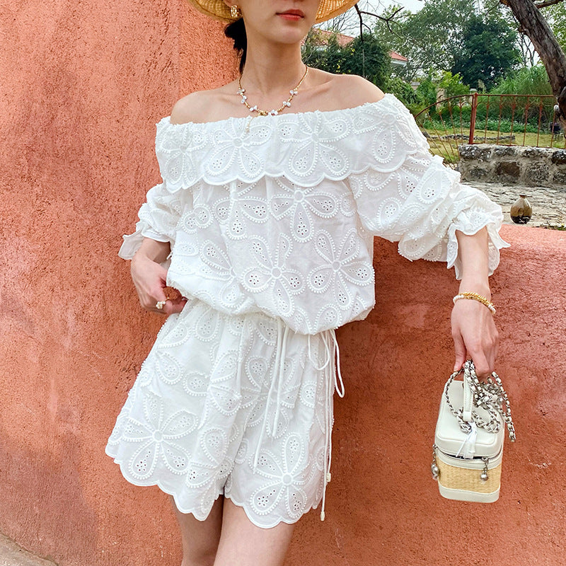 Off-Shoulder Top And Womens Long-Sleeve Hollow-Out Shorts Set