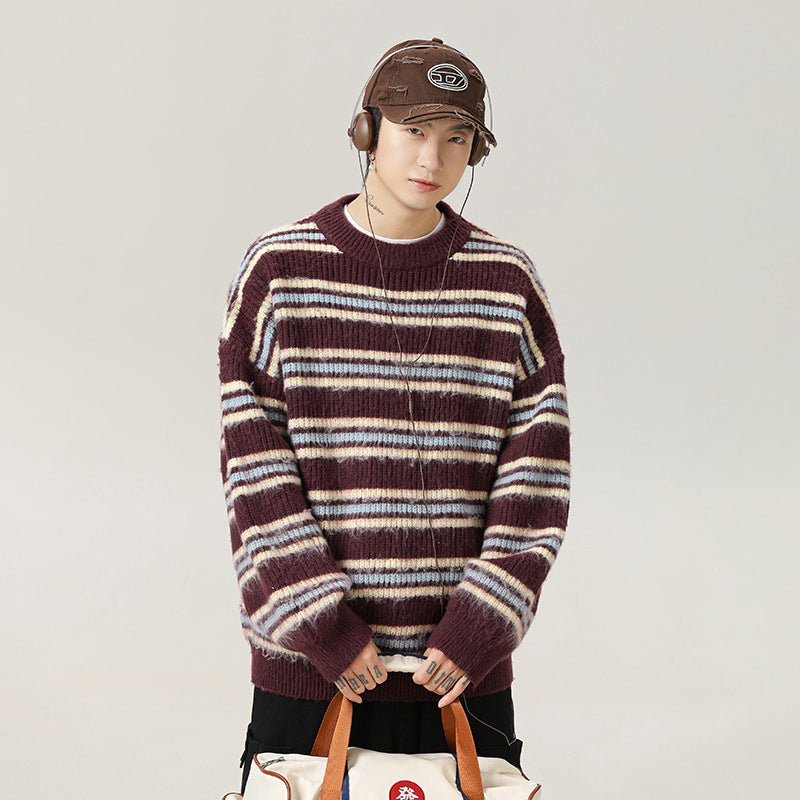 Japanese-style Retro Contrast Color Striped Round Neck Sweater Men's Autumn And Winter