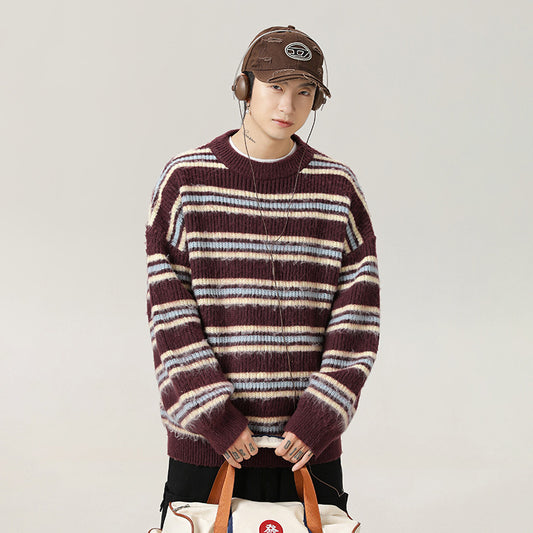 Japanese-style Retro Contrast Color Striped Round Neck Sweater Men's Autumn And Winter