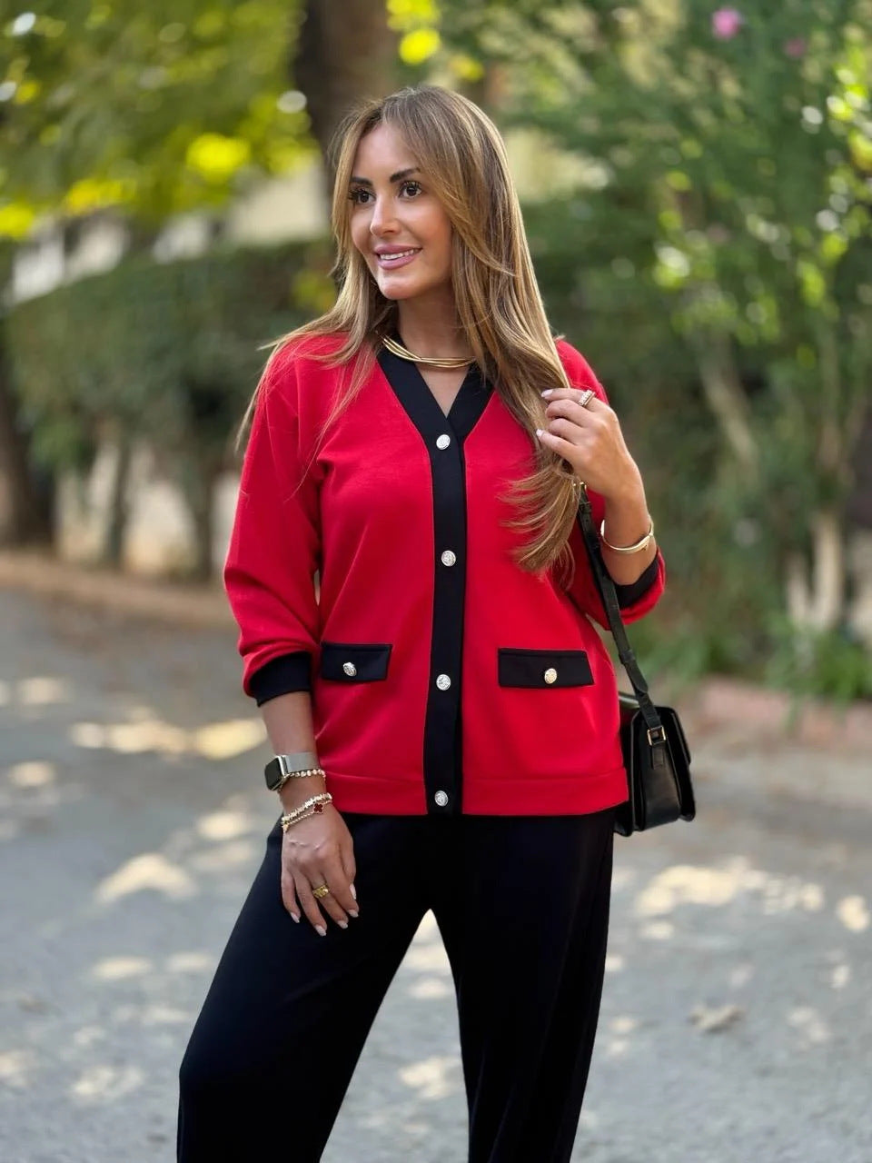 New Coat Casual Contrast Color V-neck Knitted Cardigan Long-sleeve Suit