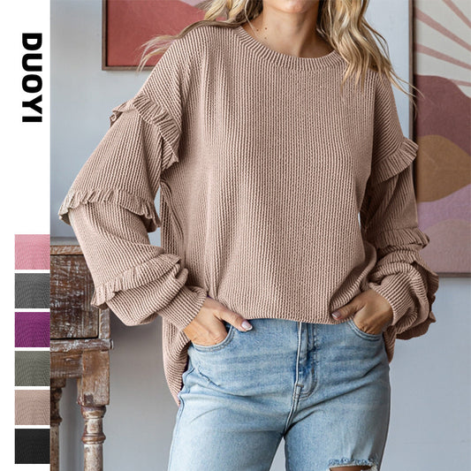 Women's Lantern Sleeve Round Neck Lace Sleeve Top
