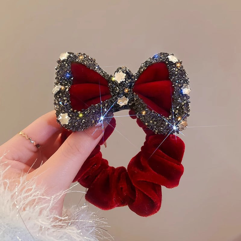 Red Velvet Rhinestone Scrunchie With A Rope Style Bowwomens Hair Accessory
