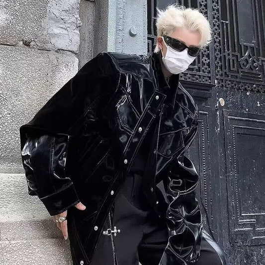 Advanced Sense Padded Shoulder PU Leather Coat
