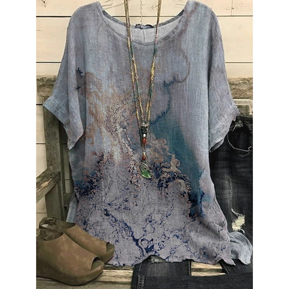 Løs afslappet T-shirt med rundt halsudskæring og print til kvinder
