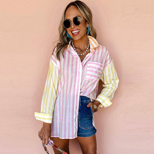 Single Row Multi-buckle Shirt Contrast Color Long Sleeves Top