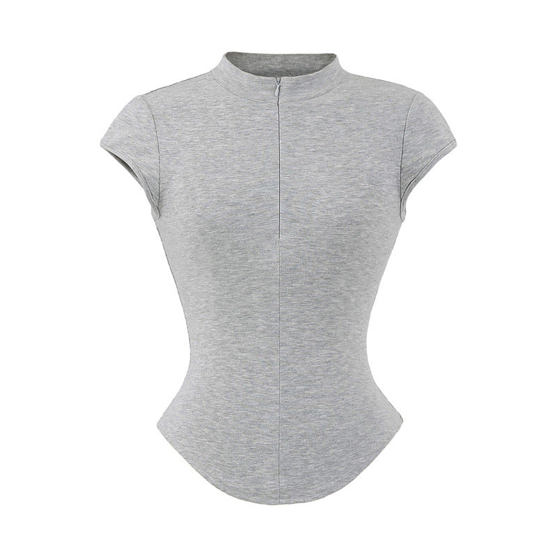 Round Neck Zipper Short Sleeved T-shirt