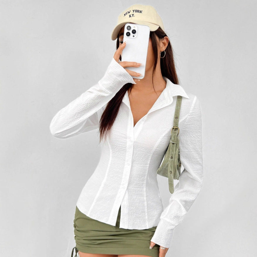 FallWinter Casual Button-front, Waist-cinched Textured Shirt