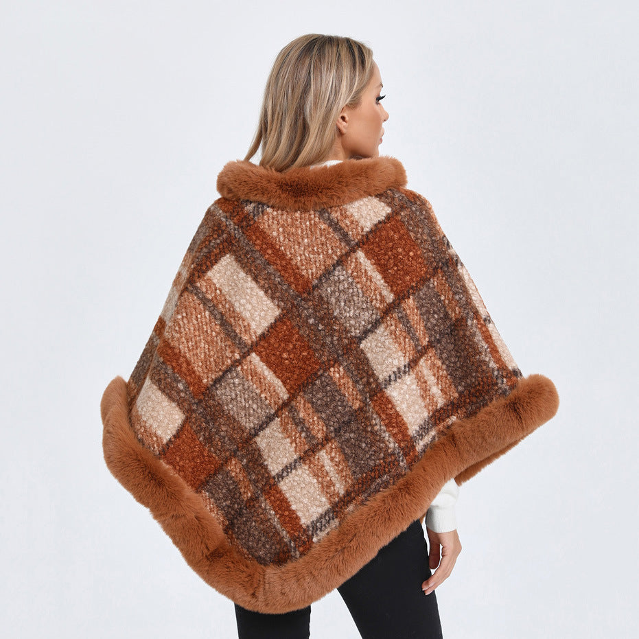 Big Fur Collar Cloak Mid-length Batwing Sleeve Pullover Classic Plaid Shawl