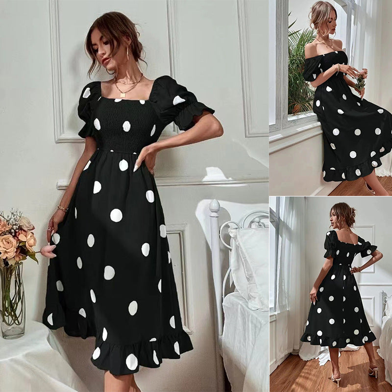 Big Round Dot Slim Fitting Sweet Ruffled Short Sleeved Dress