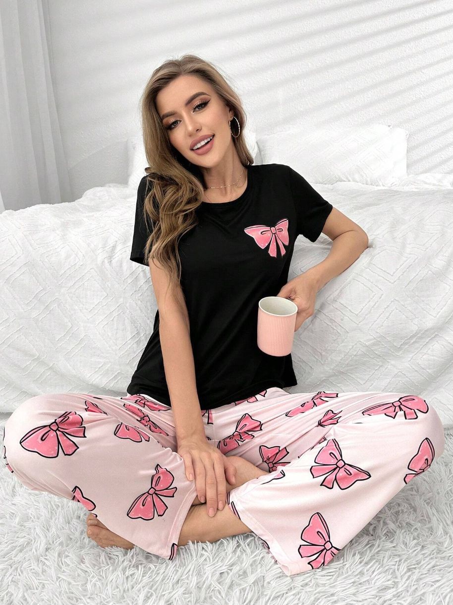 Home Round Neck Printed Short Sleeve T-shirt Top And Trousers Suit