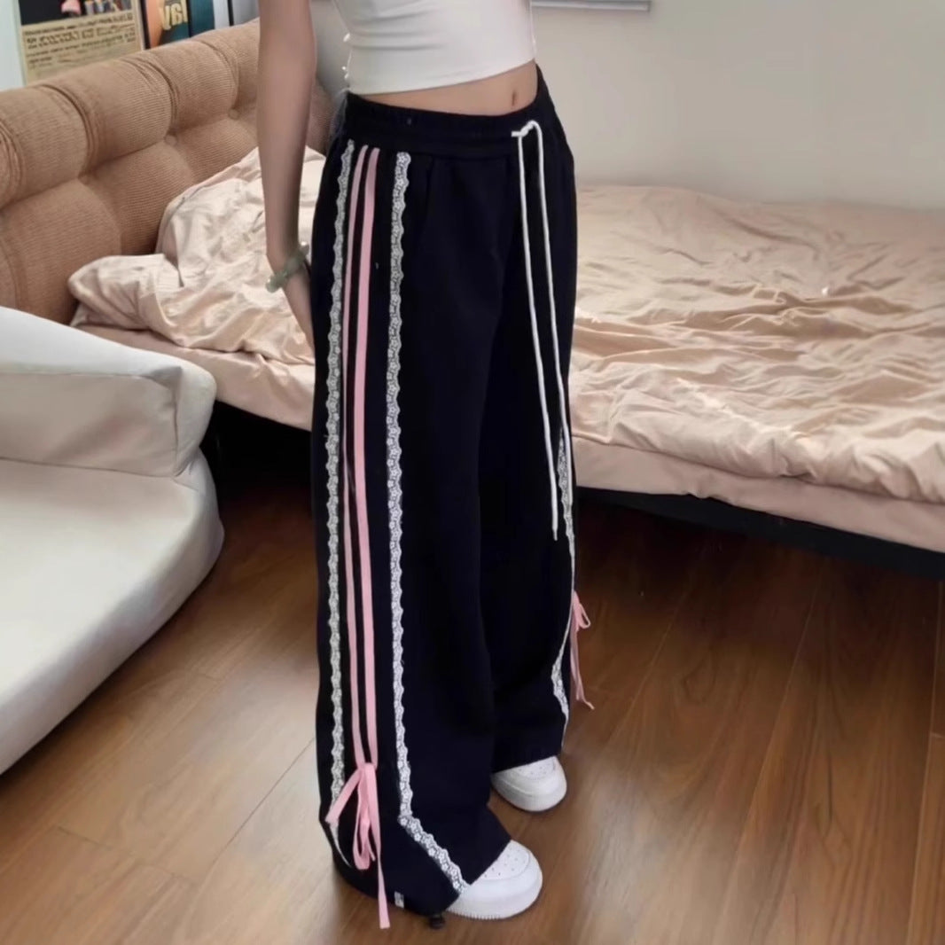 Black Sweet Cool Lace Ribbon Stitching Sports Pants