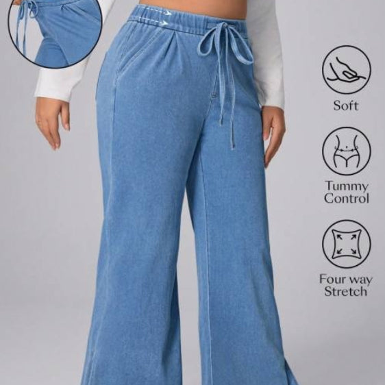 Women's Plus Size Drawstring Casual Loose Wide Leg Jeans