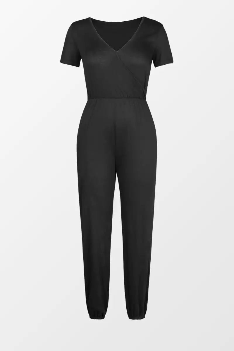 Cross V-neck Short Sleeved Lace Up Pocket Casual Jumpsuit