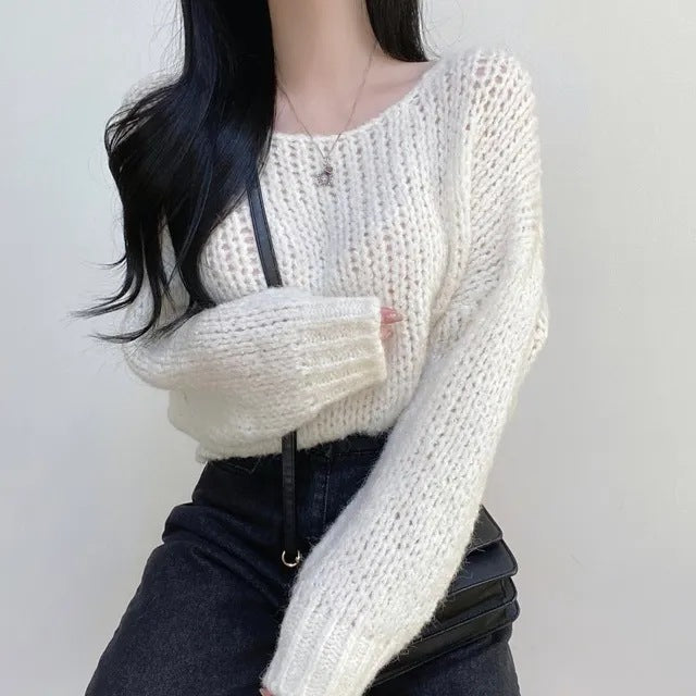 Simple Pullover Drop-shoulder Sleeve Loose Thick Knit Knitwear