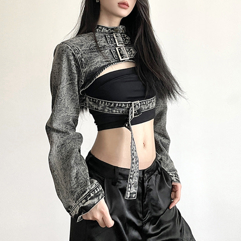 Street Vintage Washed Japanese Buckle Ribbon Denim Blouse Handsome Hot Girl Slim Fit Belt Short Coat