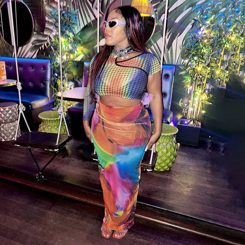 Casual Painted Print Bare Midriff Slim Fit Sheath Long Skirt