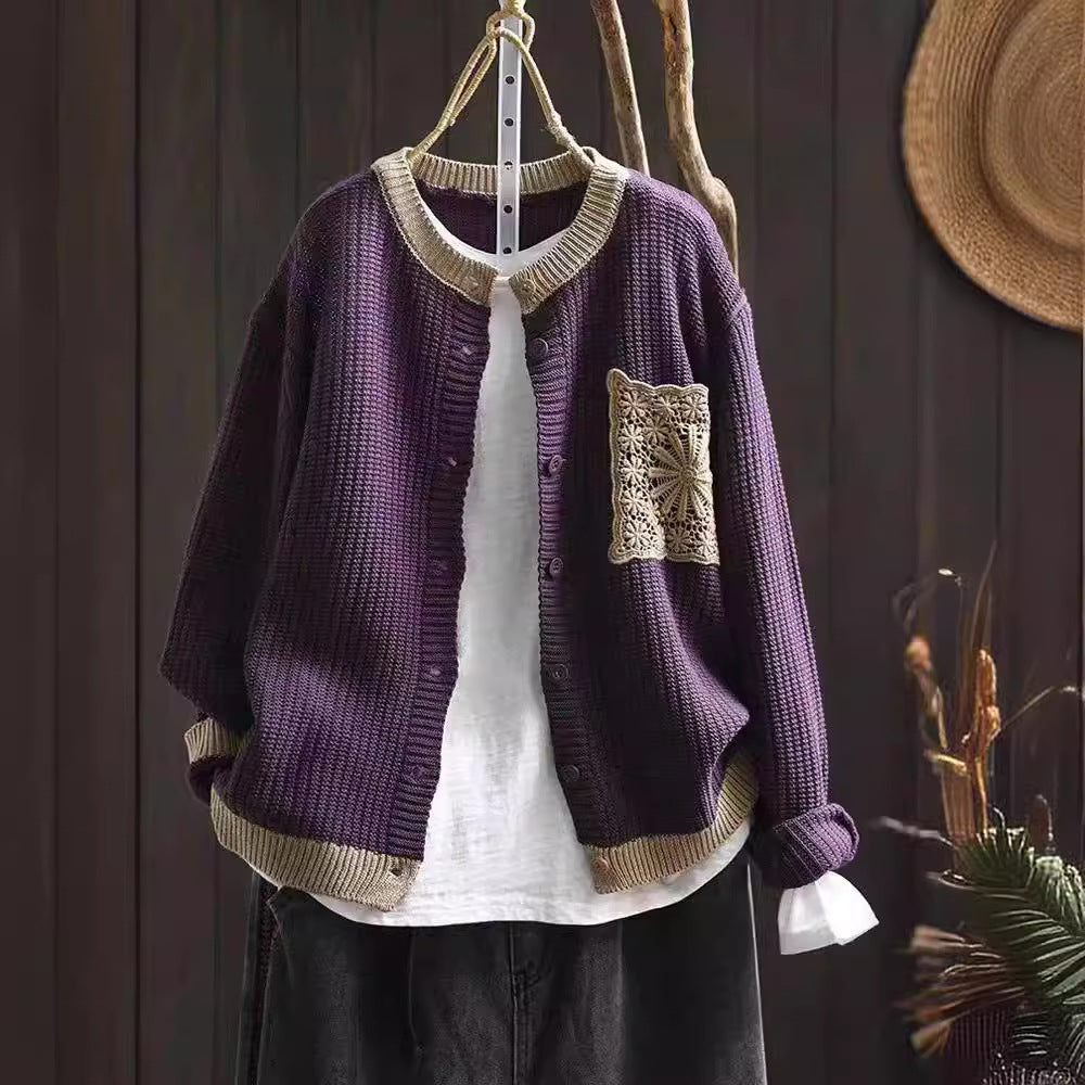 Retro Knitted Cardigan Women Round Neck Loose