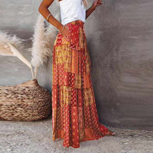 Bohemian-style Loose Casual Printed High-waisted Skirt