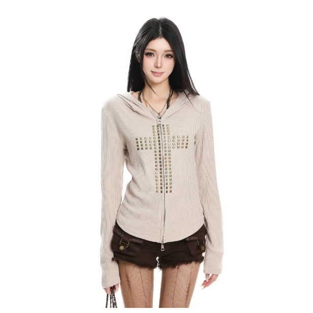 Rivet Cross Hooded Long-Sleeve Versatile Cropped Zip-Up Top