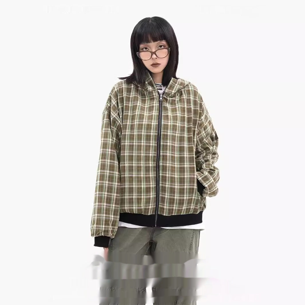 Sequins Hooded Cardigan American Plaid Two-sided Sweater