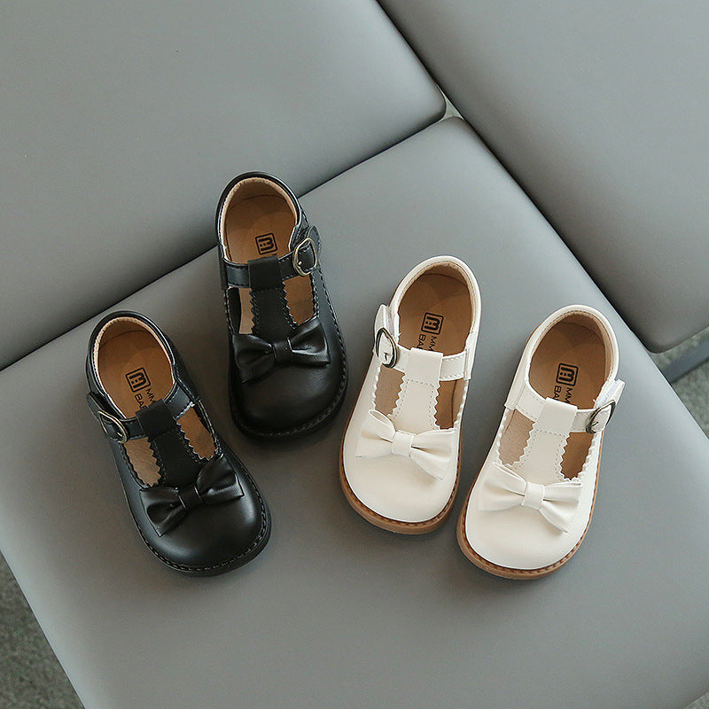 Children's Fashion Solid Color Bow Leather Shoes