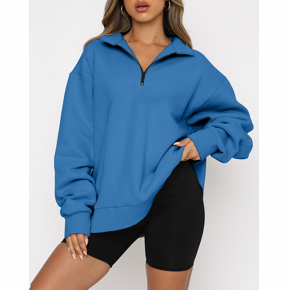 Casual Top Half Zipper Pullover Long Sleeved Sweatshirt