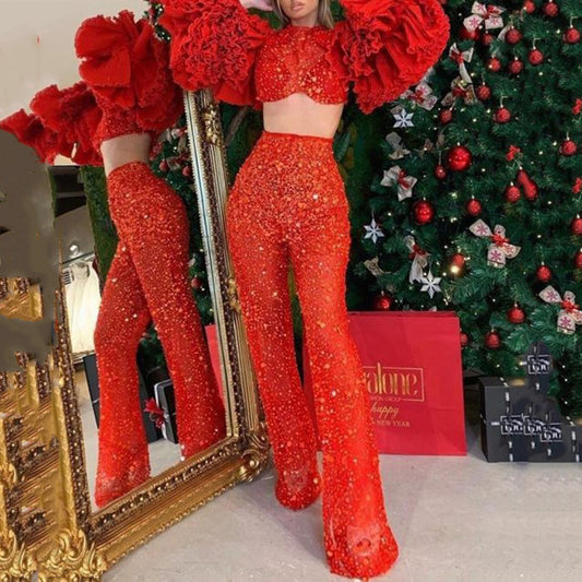 Women's Fashion Midriff-baring Long Sleeve Solid Color Suit