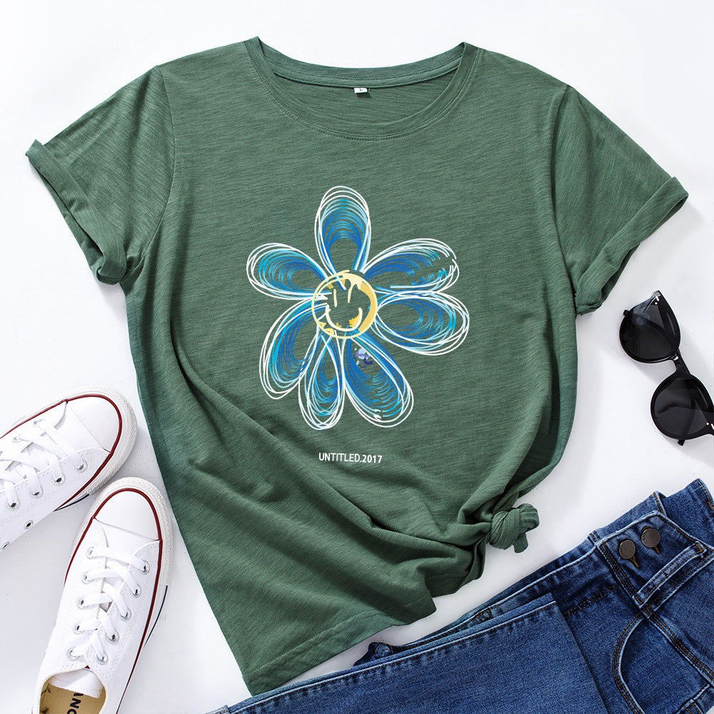 European And American Cotton Loose Round Neck Creative Flower Short Sleeve
