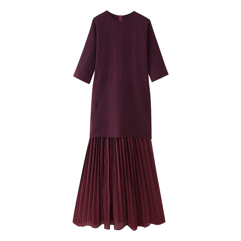Fashionable Elegant Brown Patchwork Pleated Dress