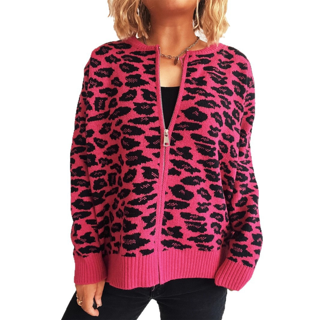 Fashion Color Contrast Knitted Cardigan Casual Round Neck Zipper Stitching Cloud Sweater