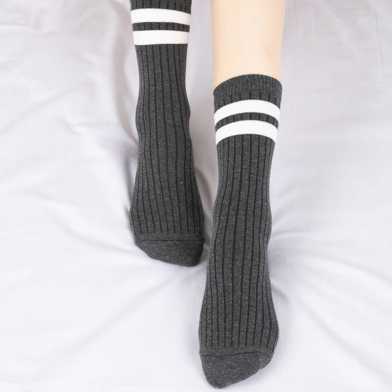 Ladies Middle School Style Two Bars Piled Socks