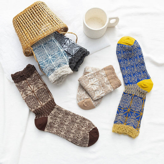 Retro pattern women's socks ethnic style flower socks