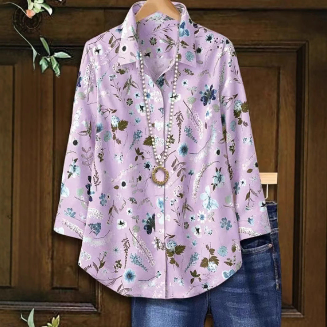 Elegant og moderigtig langærmet bluse med print til kvinder i Europa og Amerika