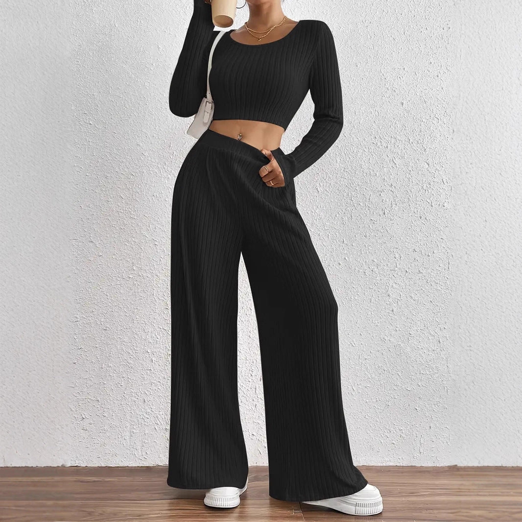 Solid Color Rib Knitted Trousers Mid-waisted Figure Flattering Women's Casual Suits