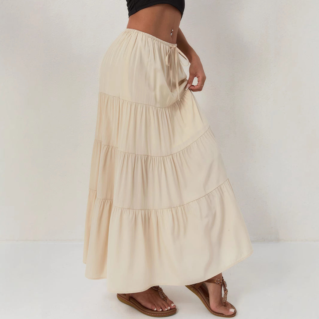 High-waisted Elastic-waist Tie-closure Loose-fit Patchwork Skirt