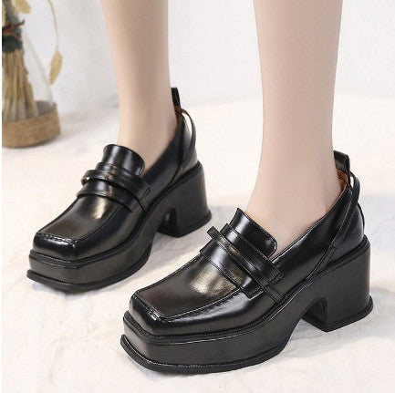 Women's British Style Retro Square Toe Platform Leather Shoes