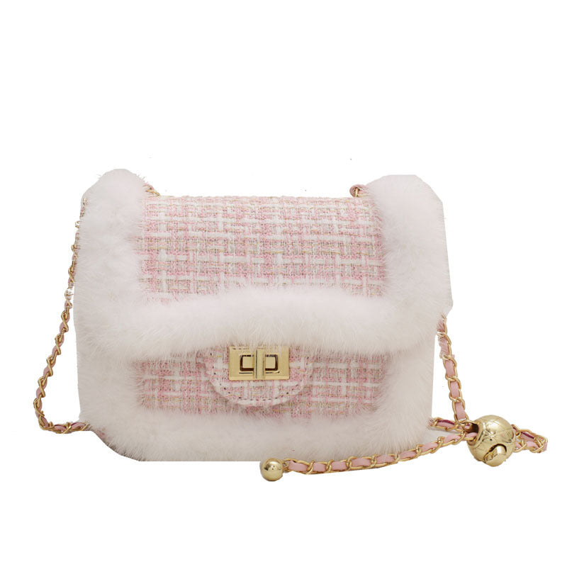 Checked Plush Side Small Gold Bead Metal Small Square Bag