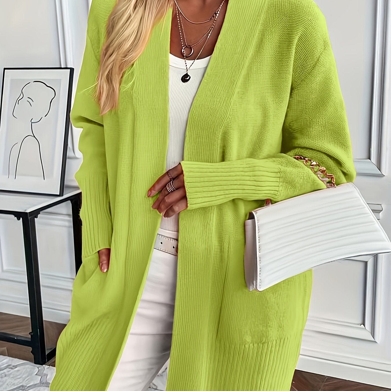 Women's Mid-length Large Pocket Long Sleeve Sweaters Cardigan