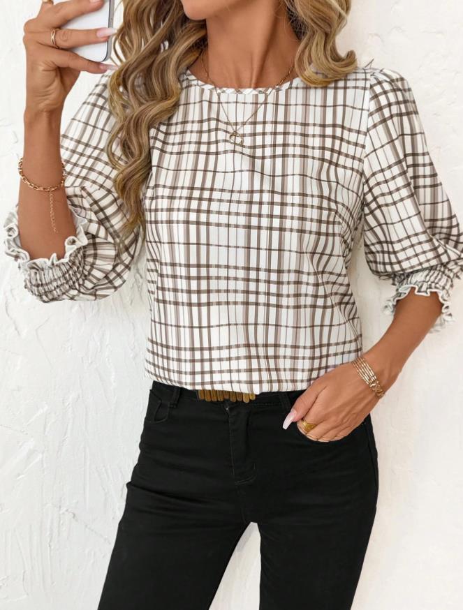 White Plaid Printed Ruffle Puff Half-Sleeve Shirt