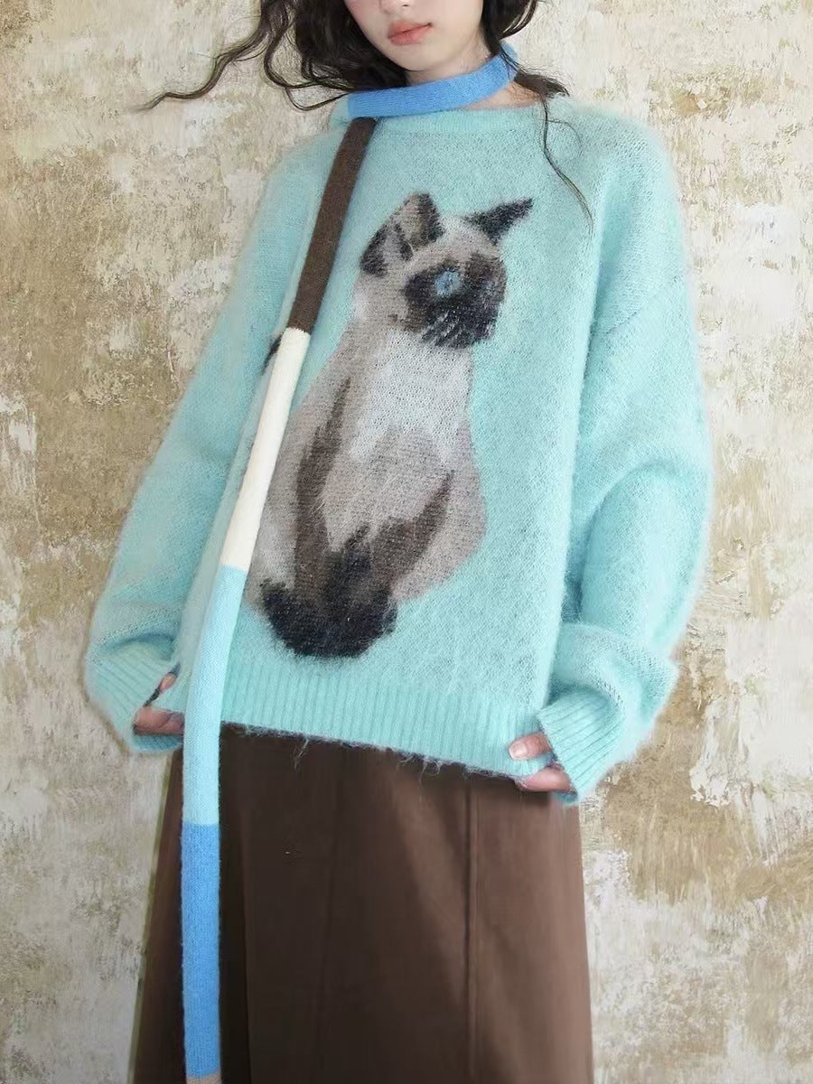 Contrast Color Pullover Cute Cat Brocade Sweater Female