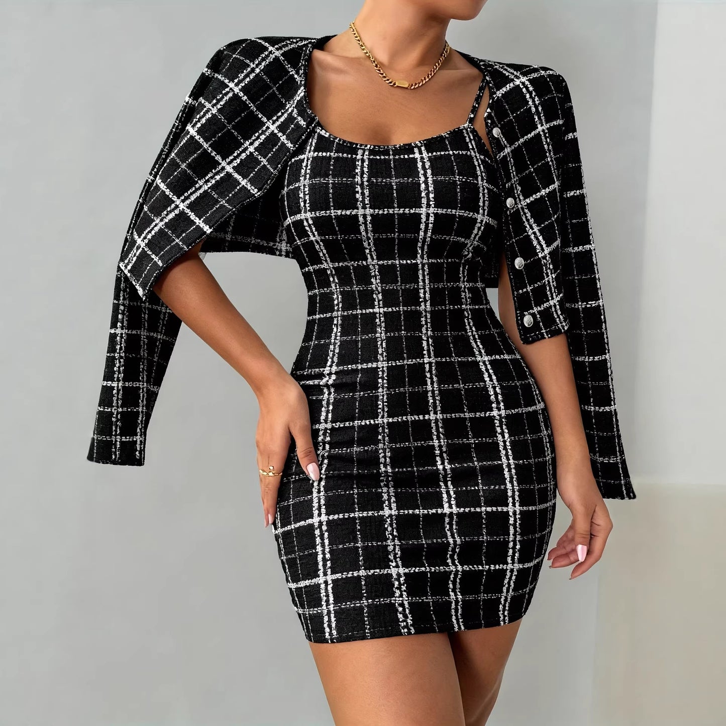 Womens Plaid Long-Sleeve Jacket And Suspender Skirt Set